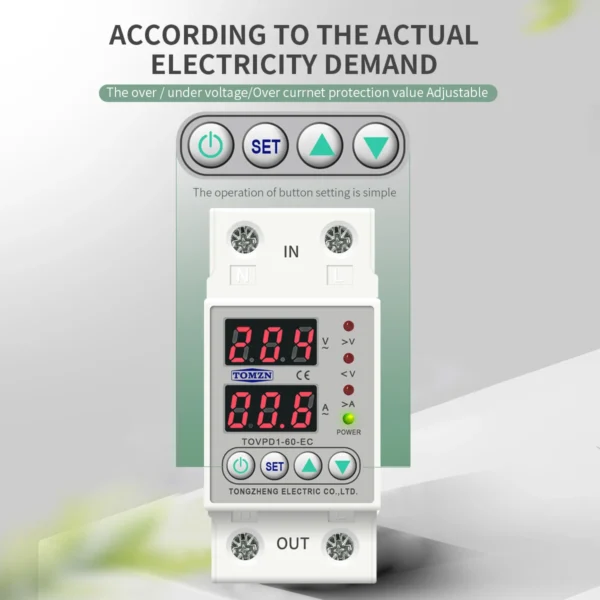 60A Din Rail 230V Adjustable Over and Under Voltage Protective Device Protector Relay Monitor Current Limit TOMZN TOVPD1-63-EC - Image 5