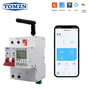 TOB1S-63T 2P 63A Short circuit protection OVP UVP OCP TOMZN Din Rail WIFI TUYA Smartlife V-A-Hz-kWh-Temp-leakage Display RCBO