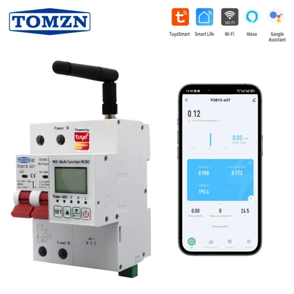 TOB1S-63T 2P 63A Short circuit protection OVP UVP OCP TOMZN Din Rail WIFI TUYA Smartlife V-A-Hz-kWh-Temp-leakage Display RCBO