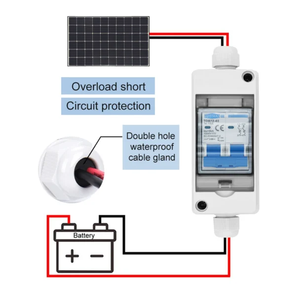 TOMZN Solar photovoltaic PV Combiner Box with circuit breaker HT 2ways 1 in 1 out DC 2P DC 600V 1000V 3-63A Waterproof Box IP65 - Image 4