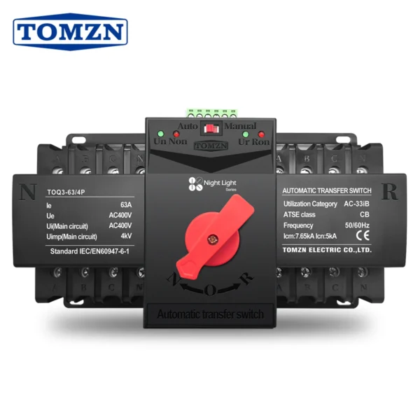 TOMZN 4P 63A 125A 220V 230V 50/60Hz MCB type Dual Power Automatic transfer switch ATS 2 input 2 output night light series
