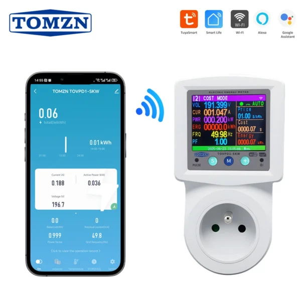 6 in 1 Smart Meter SKW France EU Socket WIFI TUYA Smartlife OVP UVP OCP Timer Prepaid function V-A-Hz-PF-kWh Leakage Display