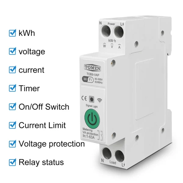 TOMZN 63A 1P+N WIFI Smart Switch Energy Meter Kwh Metering Monitoring Timer Relay MCB TUYA smartlife voltage current protection - Image 4
