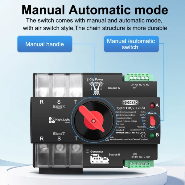 TOMZN Din Rail 3 phase ATS 3P 63A 100A 125A 220V 230V Dual Power Automatic Transfer Electrical Selector Switch Uninterrupted - Image 3