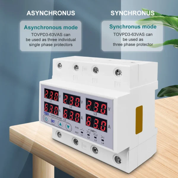 Din rail TOMZN 3P+N adjustable Over Under Voltage current limit protection Relay Protector SYN ASYNC Synchronous Asynchronous - Image 2