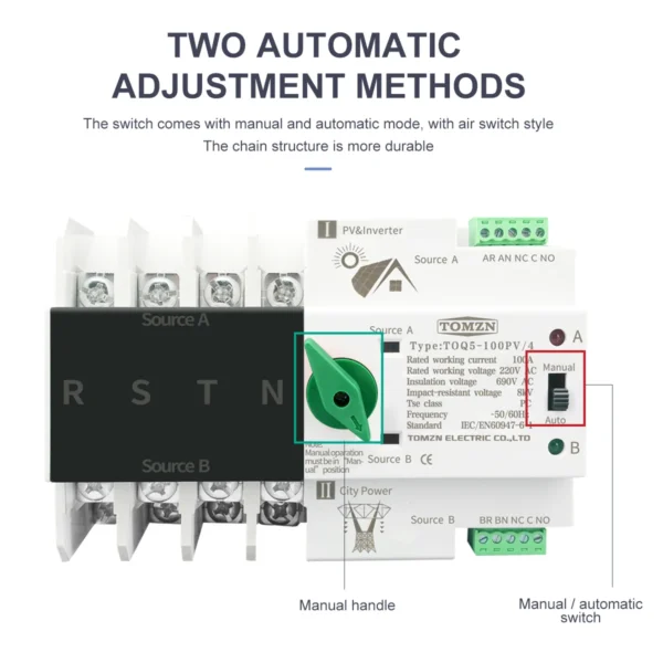 4P 3 Phase 4 wire Din Rail ATS for PV and inverter Dual Power Automatic Transfer Selector Switches Uninterrupted 63A 100A 125A - Image 3