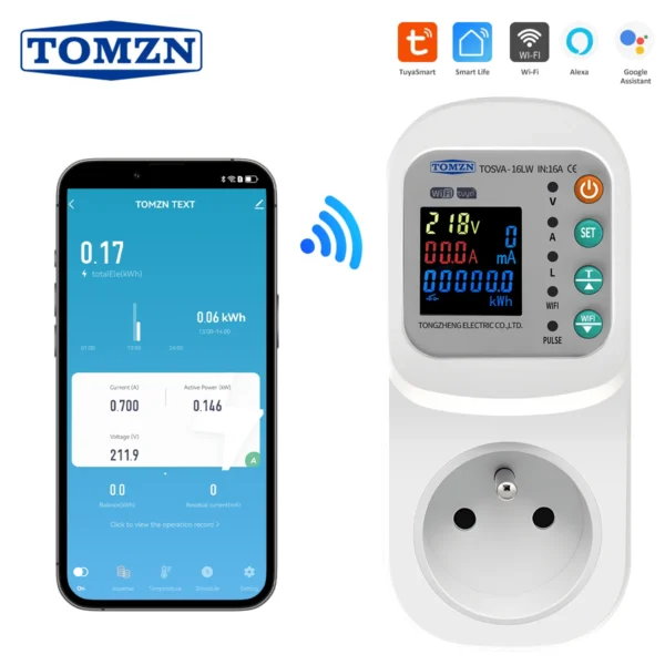 TOMZN TOSVA-16LW France WIFI TUYA voltage current leakage Socket AC 110V 220V Adjustable 1-16A Power with PE metering timer