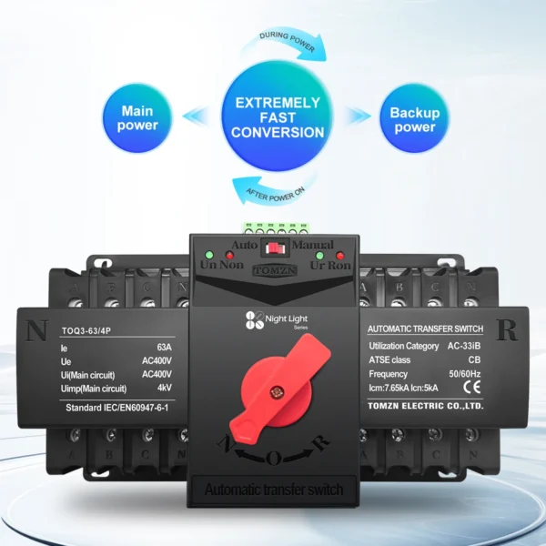 TOMZN 4P 63A 125A 220V 230V 50/60Hz MCB type Dual Power Automatic transfer switch ATS 2 input 2 output night light series - Image 6