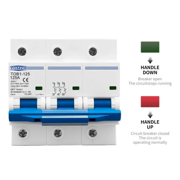 DIN RAIL TOMZN 3P AC MCB TOB1-125 400V~ 50/60Hz Circuit breaker 80/100/125A High-current 10kA PA66 Disconnect Switch Three Phase - Image 6
