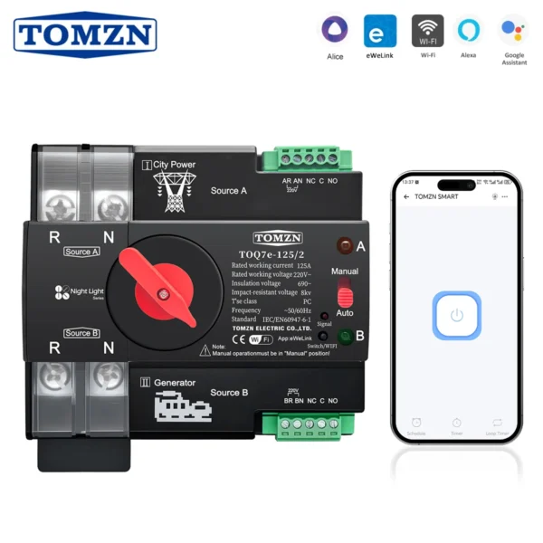 TOMZN Din Rail eWelink WIFI smart ATS timer 230V Dual Power Automatic Transfer Electrical Selector Switch Uninterrupted 2P 125A