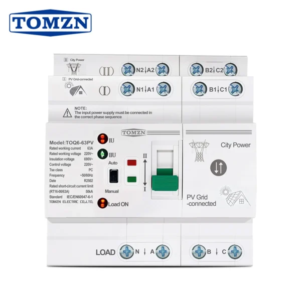 TOMZN Din Rail ATS L N 220V Small Dual Power Automatic Transfer Electrical Selector Switches Uninterrupted 4P 63A TOQ6 PV