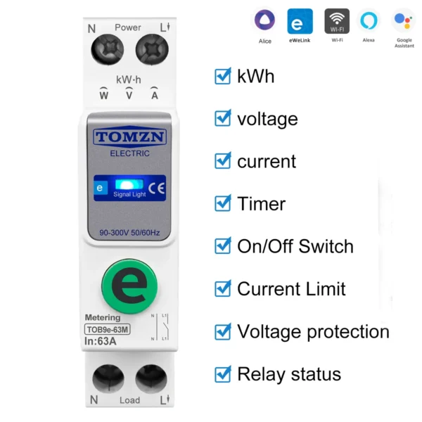 ewelink TOMZN 1P+N 63A 110V 220V WIFI Smart Switch Energy Meter Kwh Metering Circuit Breaker Timer Relay Smart Home protection - Image 3