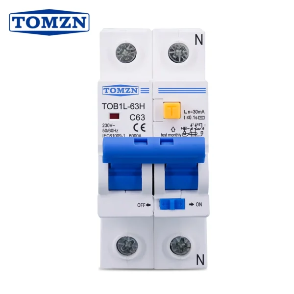 TOMZN TOB1L-63H 2P 63A 230V AC 50Hz/60Hz Residual current Circuit breaker with over current and Leakage protection RCBO cut L N