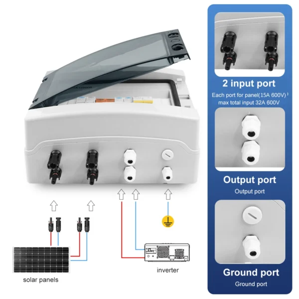 Solar photovoltaic PV Combiner Box With Lightning Protection 2 input 1 out DC 600V Fuse MCB SPD Waterproof Box IP65 12ways - Image 2