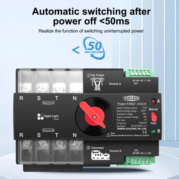 TOMZN Din Rail 3 phase ATS 4P 63A 100A 125A 220V 230V Dual Power Automatic Transfer Electrical Selector Switch Uninterrupted - Image 5