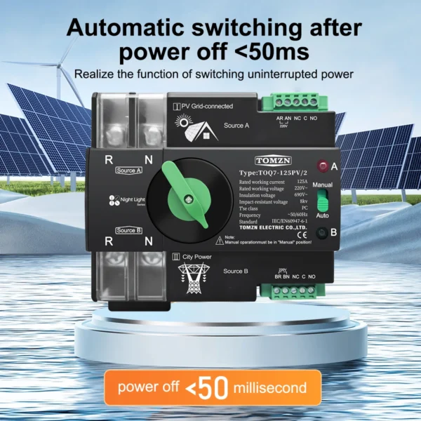 TOMZN 220V 230V Din Rail ATS for PV Dual Power Automatic Transfer Electrical Selector Switch Uninterrupted 2P 63A 100A 125A TOQ7 - Image 4