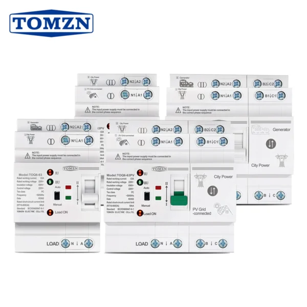 TOMZN Din Rail small PV ATS 2P4P 63A 230V Dual Power Automatic Transfer Electrical Selector Switch Uninterrupted