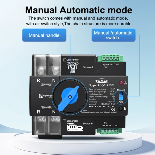 TOMZN Din Rail 3 phase 2P3P4P 63A 100A 125A 110V Dual Power Automatic Transfer Electrical Selector Switch Uninterrupted TOQ7 NEW - Image 3
