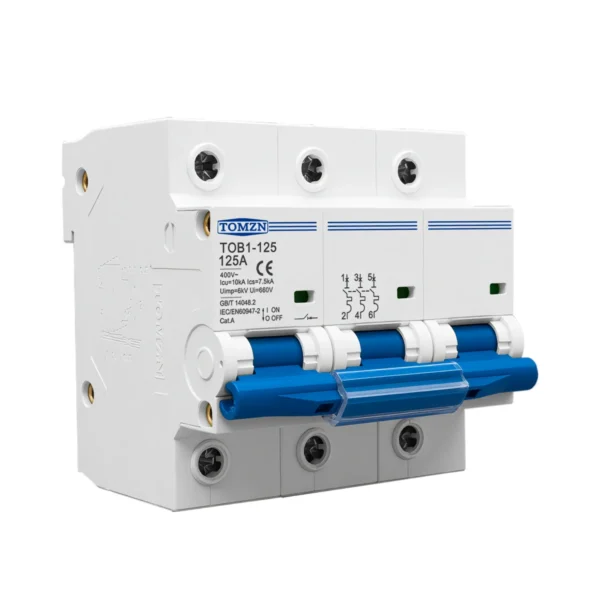 DIN RAIL TOMZN 3P AC MCB TOB1-125 400V~ 50/60Hz Circuit breaker 80/100/125A High-current 10kA PA66 Disconnect Switch Three Phase - Image 3