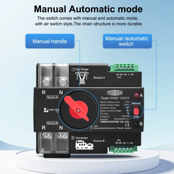 TOMZN Night light series Din Rail ATS 220V 230V Dual Power Automatic Transfer Electrical Selector Switch  2P 63A 100A 125A - Image 3