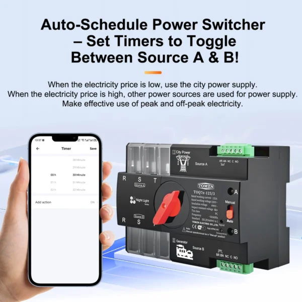 TOMZN Din Rail eWelink WIFI smart ATS timer 230V Dual Power Automatic Transfer Selector Switch Uninterrupted 3P 63A 100A 125A - Image 2