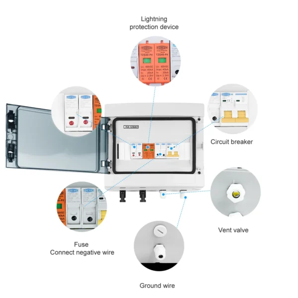 Solar photovoltaic PV Combiner Box With Lightning Protection 2 input 1 out DC 600V Fuse MCB SPD Waterproof Box IP65 12ways - Image 3