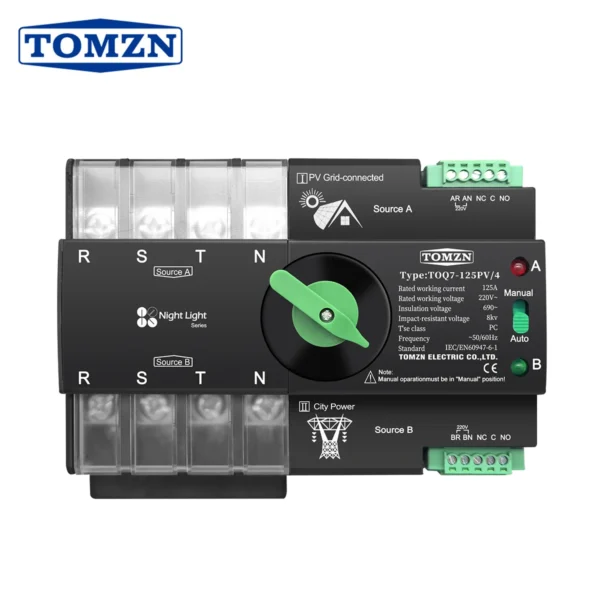 TOMZN Din Rail 3 phase ATS for PV 4P 63A 100A 125A 230V Dual Power Automatic Transfer Electrical Selector Switch Uninterrupted