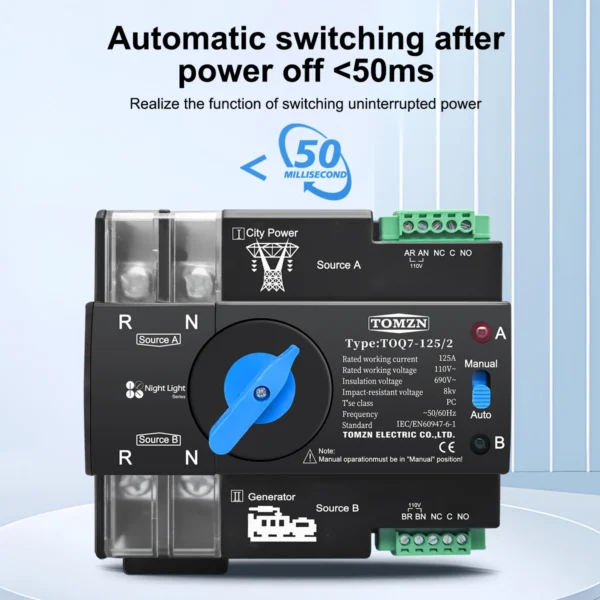 TOMZN Din Rail ATS 110V 120V Dual Power Automatic Transfer Electrical Selector Switch Uninterrupted 2P 63A 100A 125A - Image 5