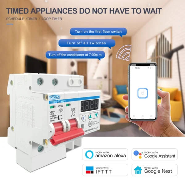 TOMZN WIFI Circuit Breaker Smart Switch Remote Control by Ewelink with over and under voltage current protecion LCD display - Image 2