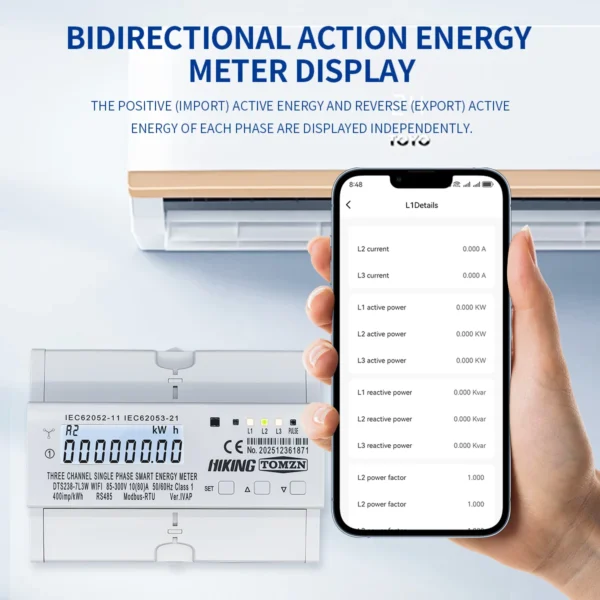 TOMZN WIFI Three Circuit Single Phase Energy Meter DTS238-7L3W 10(80)A 85-300V 50/60Hz kWh Watt Hour LCD RS485 Modbus-RTU Class1 - Image 2