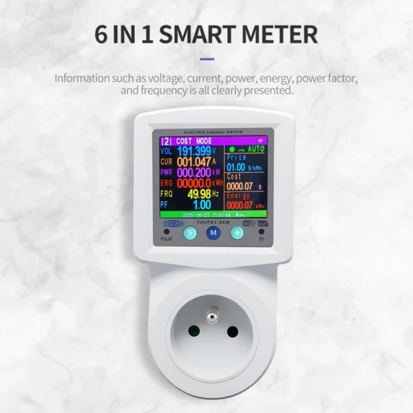 6 in 1 Smart Meter SKW France EU Socket WIFI TUYA Smartlife OVP UVP OCP Timer Prepaid function V-A-Hz-PF-kWh Leakage Display - Image 2