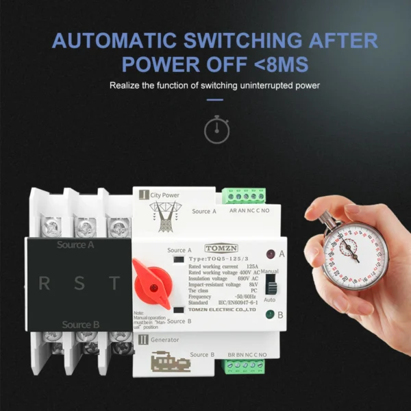 TOMZN 3P 3 Phase Din Rail ATS Dual Power Automatic Transfer Switch Electrical Selector Uninterrupted Power 63A 100A 125A - Image 6