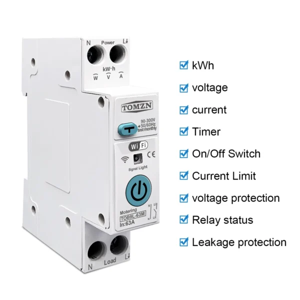 TUYA SMARTLIFE 63A TOMZN WIFI Smart Switch Energy Meter Metering Circuit Breaker voltage current leakage protection Relay MCB - Image 2