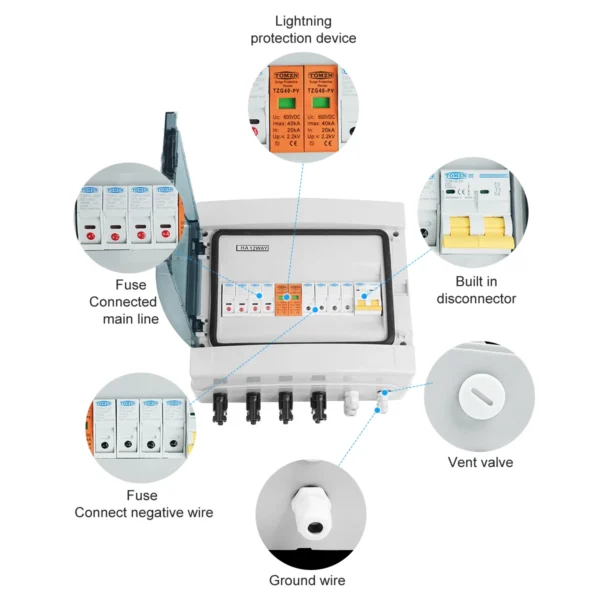 Solar photovoltaic PV Combiner Box With Lightning Protection 4 input 1 out DC 600V Fuse MCB SPD Waterproof Box IP65 12ways - Image 3