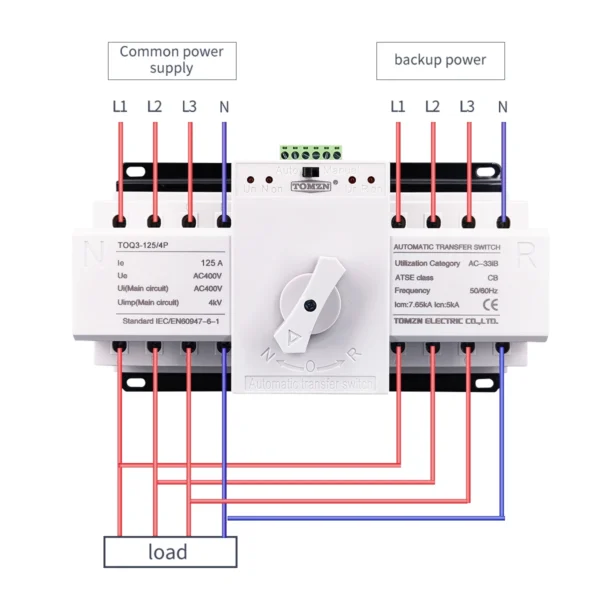 ATS 4P 125A 3 phase 4 wire 230V MCB type Dual Power Automatic transfer switch TOMZN TOQ3-4P/125 PV city power Generator - Image 4