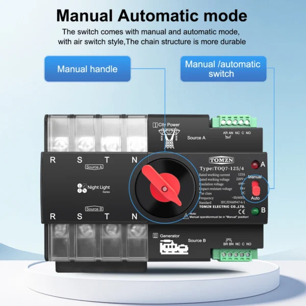TOMZN Din Rail 3 phase 2P3P4P 63A 100A 125A 230V Dual Power Automatic Transfer Electrical Selector Switch Uninterrupted ATS NEW - Image 6