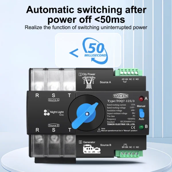 TOMZN Din Rail 3 phase 110V 2P3P4P 63A 100A 125A Dual Power Automatic Transfer Electrical Selector Switch Uninterrupted TOQ7 - Image 5