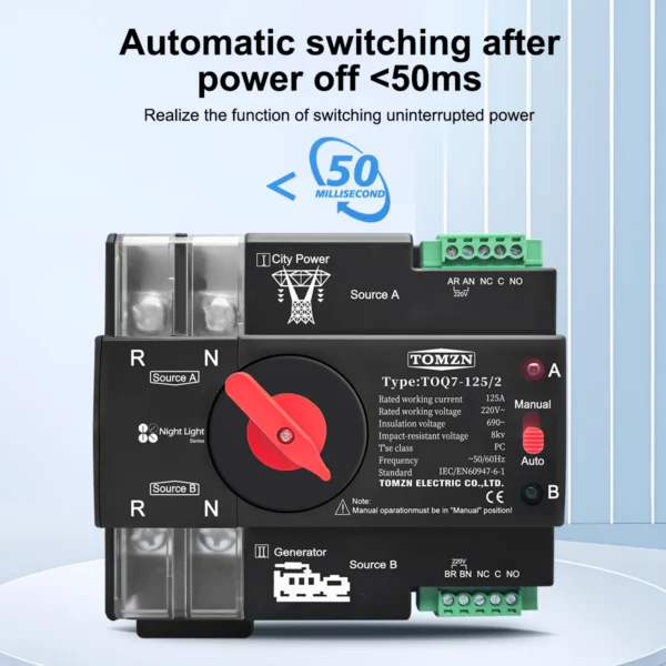 TOMZN Din Rail 3 phase 2P3P4P 63A 100A 125A 230V Dual Power Automatic Transfer Electrical Selector Switch Uninterrupted ATS - Image 4