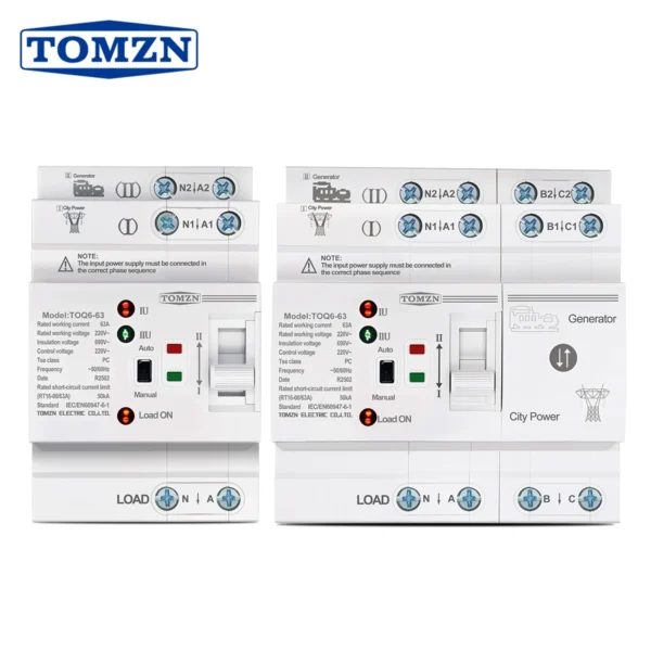 TOMZN L N 220V Din Rail ATS Small Dual Power Automatic Transfer Electrical Selector Switches Uninterrupted 2P 4P 63A TOQ6