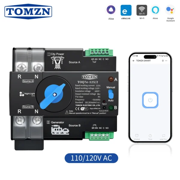 TOMZN 110V 120V WIFI smart ATS Dual Power Automatic TransferSelector Switch Uninterrupted 2P 63A 100A 125A eWeLink Din Rail