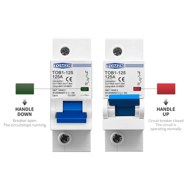 TOMZN 1P AC MCB TOB1-125 230/400V~ 50Hz/60Hz Mini Circuit breaker 80A 100A 125A High-current 10kA PA66 DIN RAIL 35MM - Image 6