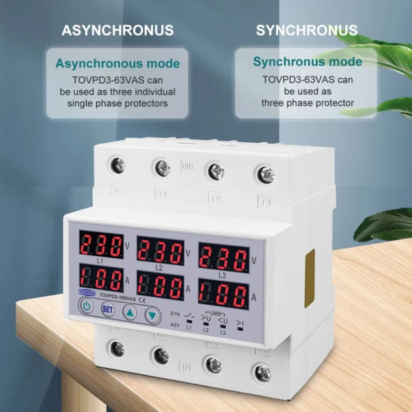 3 Phase 100A Din rail adjustable Over Under Voltage current limit protection Relay Protector SYN ASYNC Synchronous Asynchronous - Image 3