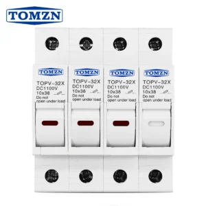 TOMZN 4P 1100V DC Fuse Holder 10*38mm High Voltage Solar PV TOPV-32 Base Photovoltaic System Protection Protector gPV LED