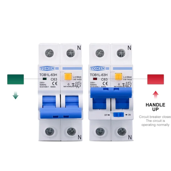 TOMZN TOB1L-63H 2P 63A 230V AC 50Hz/60Hz Residual current Circuit breaker with over current and Leakage protection RCBO cut L N - Image 6