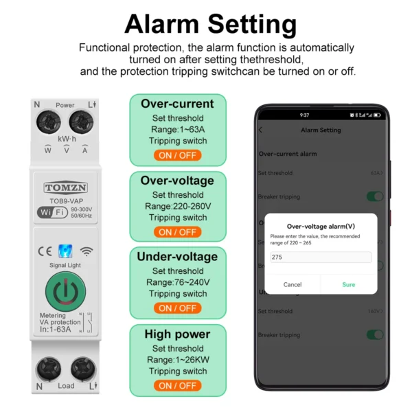 TOMZN 63A 1P+N WIFI Smart Switch Energy Meter Kwh Metering Monitoring Timer Relay MCB TUYA smartlife voltage current protection - Image 6