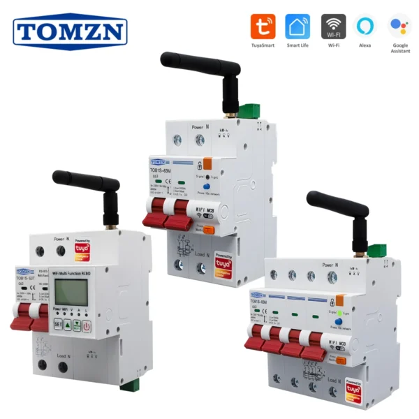 TOB1S 2P 4P 230V 63A RS485 WIFI TUYA Smartlife Leakage OVP UVP OCP Din Rail L+N RCBO Circuit Breaker Temperature V-A-Hz Display