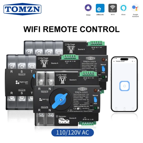 TOMZN 110V 120V Three Phase WIFI smart ATS Dual Power Automatic TransferSelector Switch Uninterrupted 2P 3P 4P eWeLink Din Rail