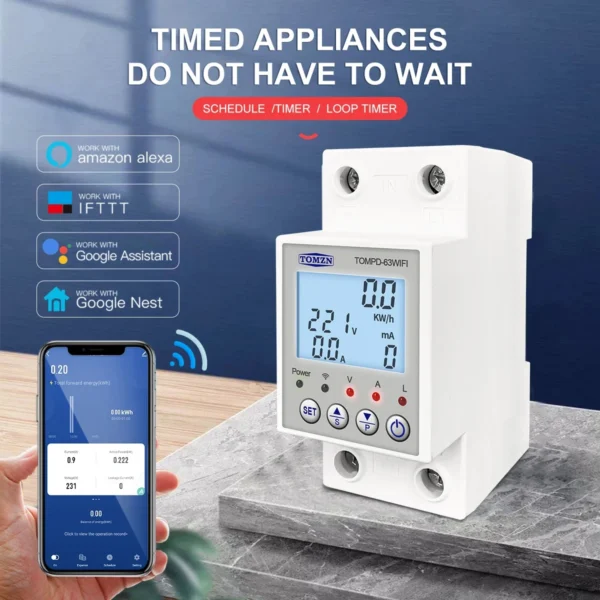 TOMZN 63A 110V 220V smartlife TUYA WIFI Circuit breaker Energy Meter Metering Timer with voltage current and leakage protection - Image 2