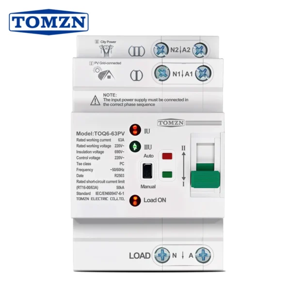 TOMZN Din Rail ATS L N 220V Small Dual Power Automatic Transfer Electrical Selector Switches Uninterrupted 2P 63A TOQ6 PV