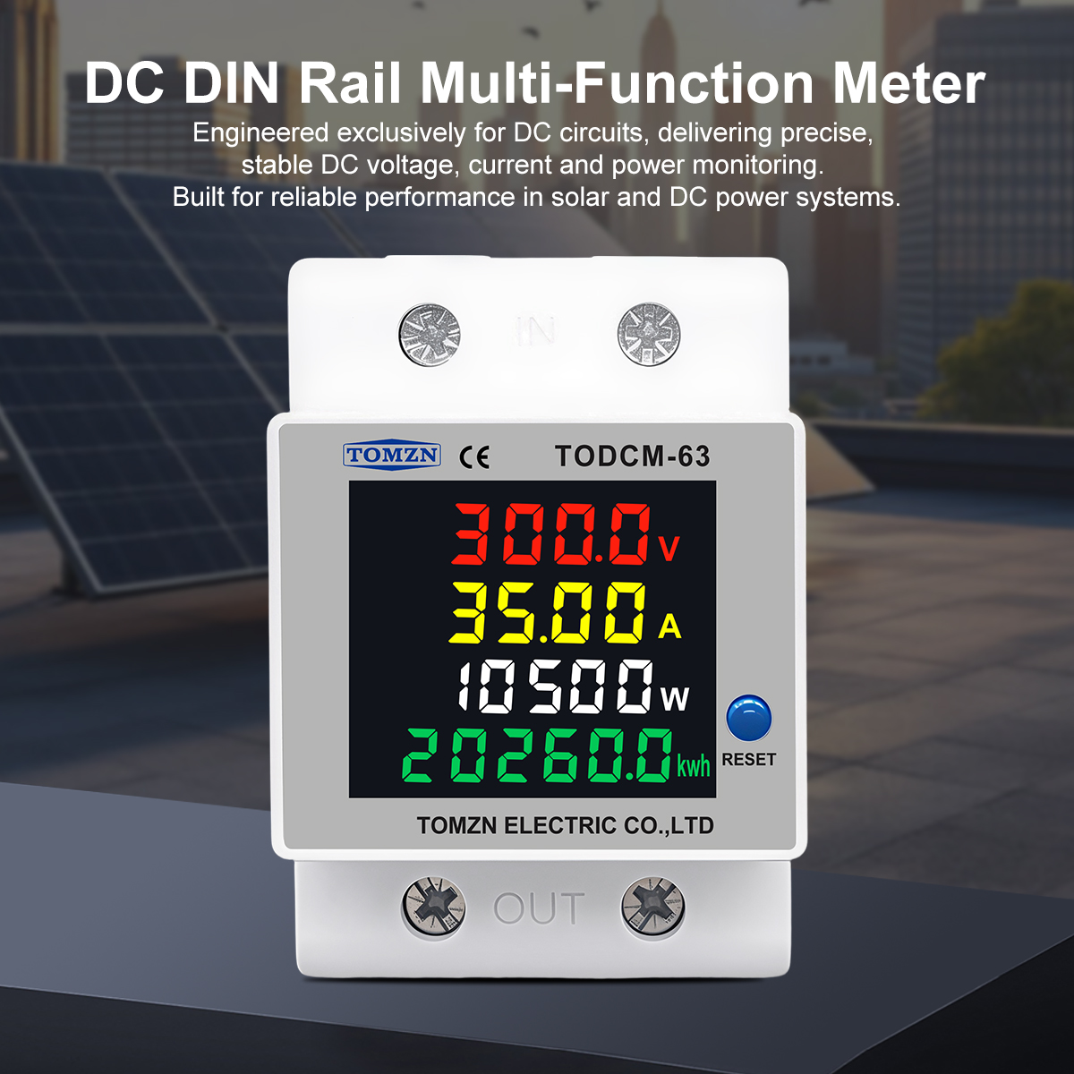 TOMZN DC Energy Meter 14-600V 63A DIN Rail Voltmeter Ammeter Power Watt Digital Meter 4IN1 Solar PV Power Monitor KWh Reset - Image 3